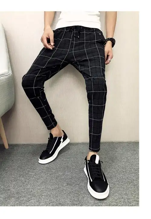 休闲裤男快手红人格子2018新款韩版潮流哈伦小脚裤子修身九分夏季