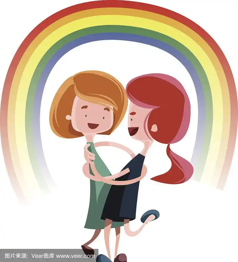 友情拥抱下彩虹矢量插图卡通人物