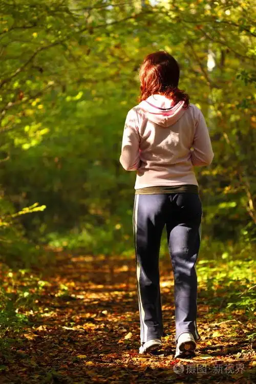 交叉郊游径在秋天的森林中散步的女人照片-正版商用图片0b16zf-摄图新