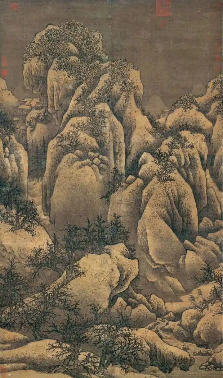 《雪山萧寺图》立轴,绢本淡设色,纵182.4厘米,横108.