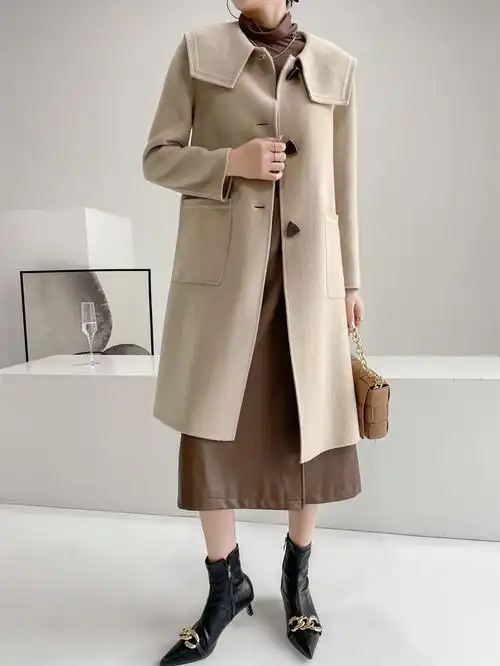 双面羊绒大衣海军领气质外套毛呢