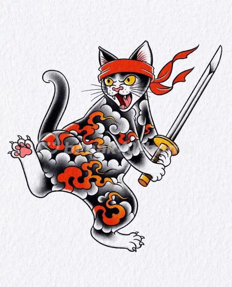 日式武士猫纹身丨猫纹身手稿|杭州纹身 一组猫纹身手稿,风格日式,喜欢
