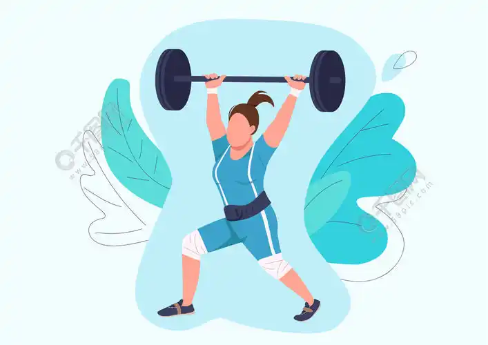 坚强的女人举杠铃平面彩色矢量不露面人物女运动员举重运动员训练孤立