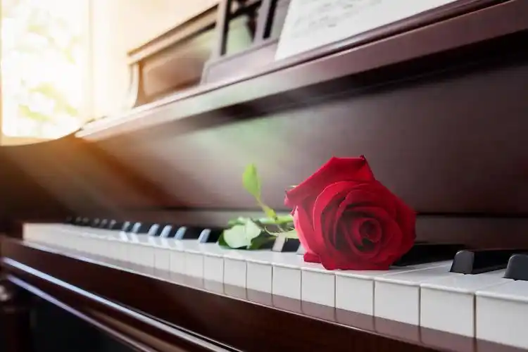 教会与温暖的光照在老式钢琴和红玫瑰上