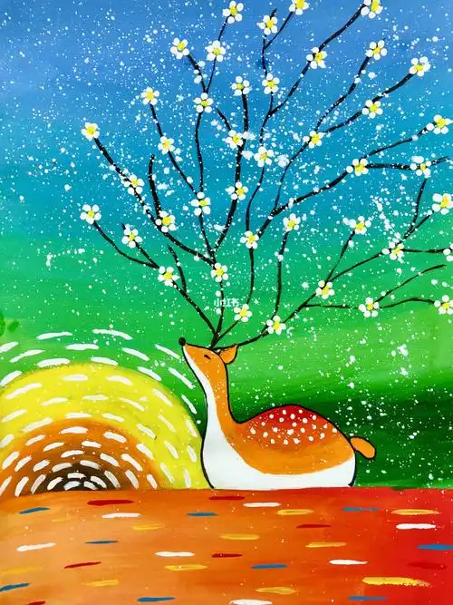 梅花鹿水粉儿童画