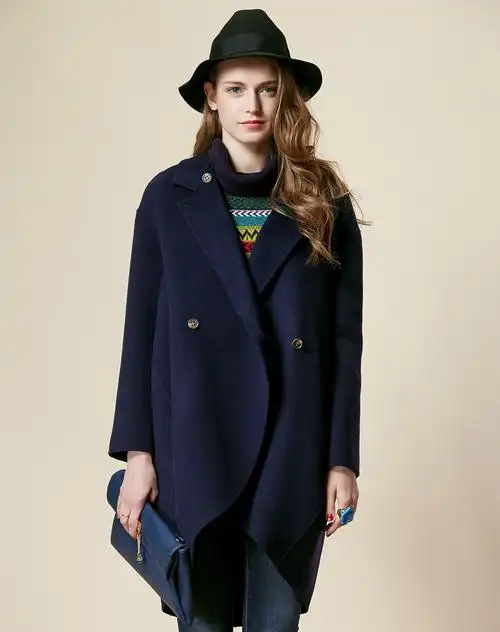 米皇羊绒男女女士藏蓝翻领女大衣5491046058_唯品会