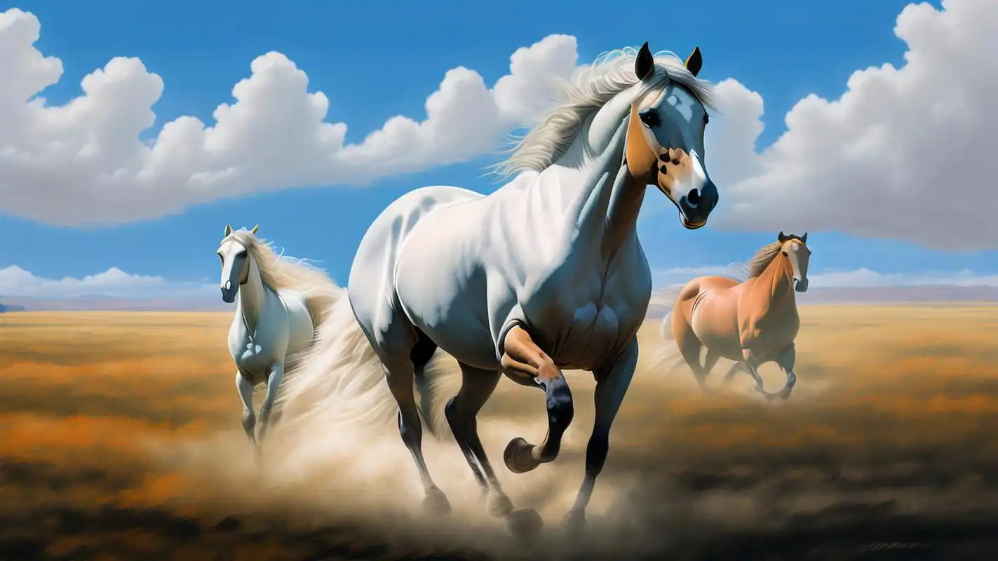 在草原上,蓝天白云下奔跑的骏马,尽显自由与野性.