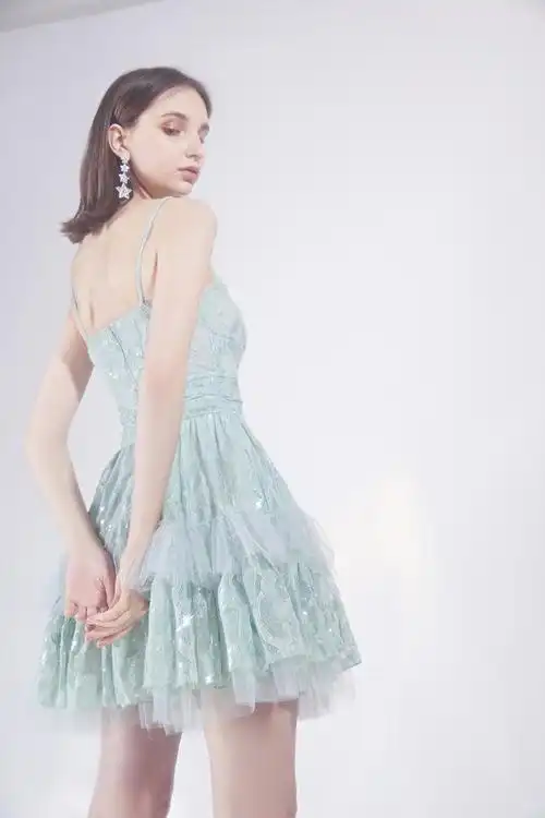 wardrobesbychen2020春夏新品蕾丝亮片缀饰薄纱连衣裙连衣裙