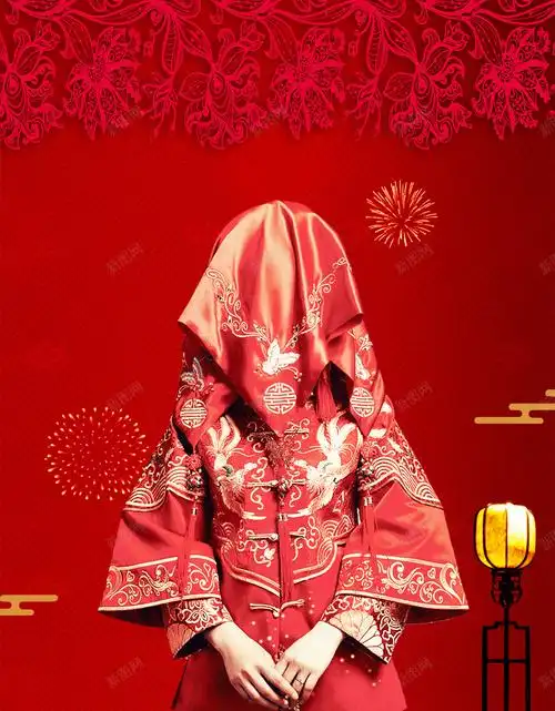 结婚季红色中国风新娘礼服定制喜庆海报