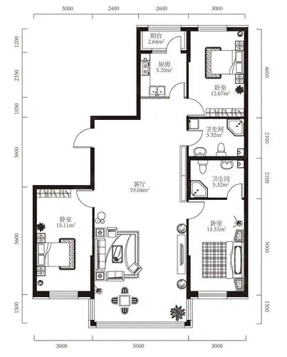 100平米三室一厅户型平面图