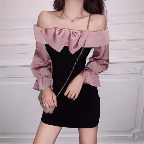 女主播上镜 显瘦_网红同款直播衣服性感上镜女主播服装蝴蝶结一字肩