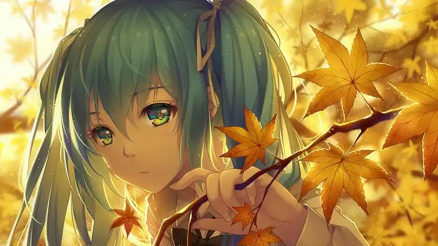 黄色枫叶下的初音未来唯美电脑壁纸