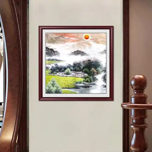 鸿运当头国画山水画办公室挂画客厅背景墙壁画中式入户玄关装饰画