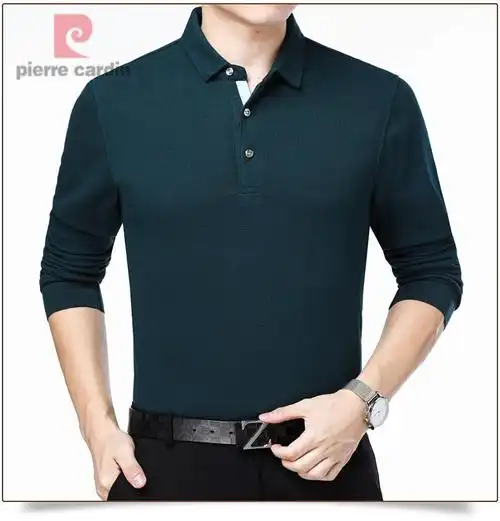 皮尔卡丹品牌高档男装春秋t恤男长袖纯棉带有领子纯色中年全棉男士
