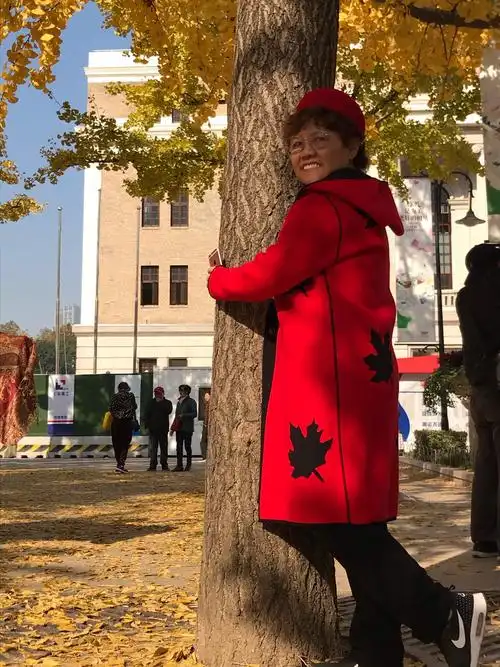 秋冬季节姐妹们游玩上海音乐厅,金黄色的银杏树下拍照留念