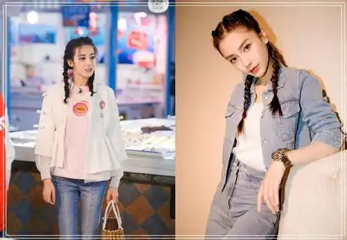 当杨颖和热巴同扎双马尾扮嫩,终于知道尖下巴和圆下巴哪个更好看