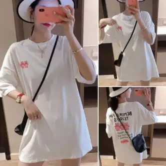 梵美莲衣服女装夏天学生短袖t恤女新款韩版大白t中长款印花上衣百搭