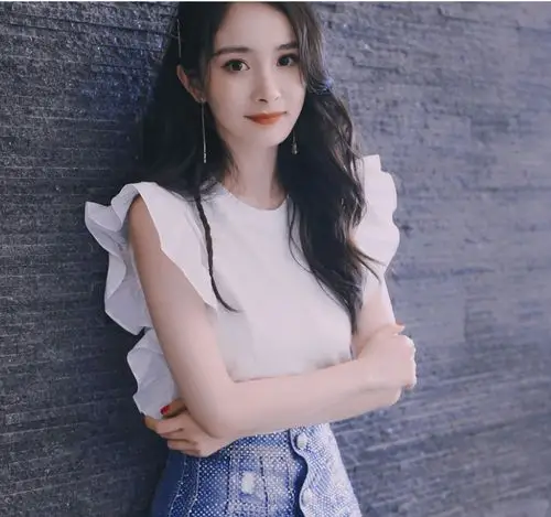 杨幂明星同款白色t恤女木耳荷叶边体恤上衣飞飞袖t恤衫上衣打底衫