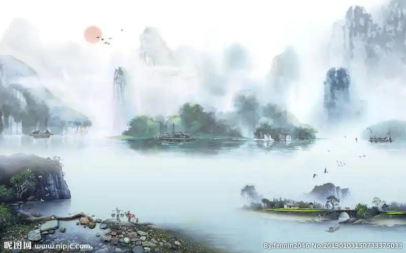 淡色水墨风景画图片