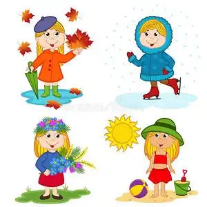 女孩和四季卡通图彩色动漫