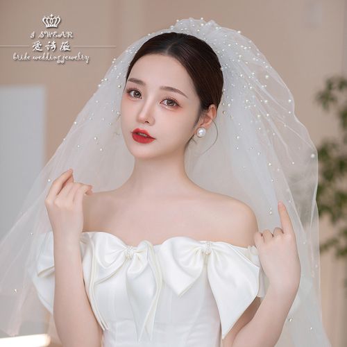 爱诗薇唯美手工粘珠绢纱中长款婚礼头纱新娘结婚影楼婚纱造型素纱