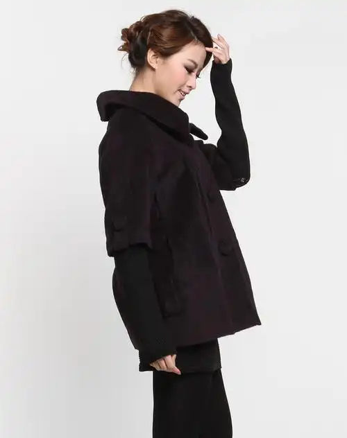 紫黑色翻领高雅假两件长袖大衣