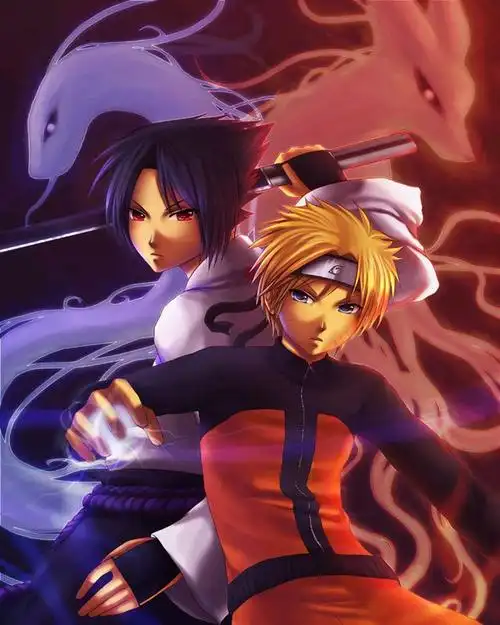 有些图片中鸣人是长着橙色尾巴的九尾狐,佐助则是长着黑色长尾暗哪