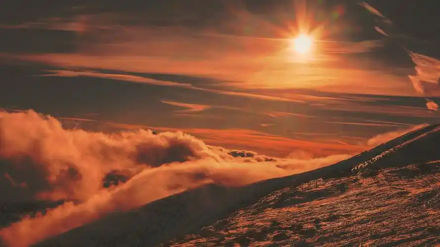 3840x2160 mountains, sunset, sky, snow wallpaper, background 4k