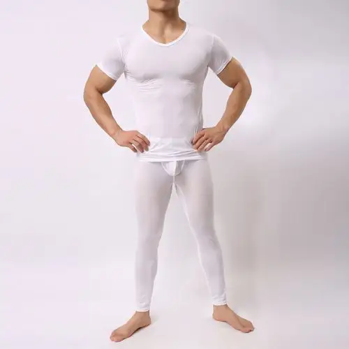 包邮男士冰丝超薄短袖t恤修身透明内衣睡衣凉爽丝滑超薄塑身衣男