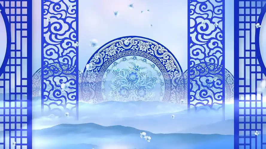 4k唯美大气水墨青蓝色飘落中国风青花瓷背景mp4