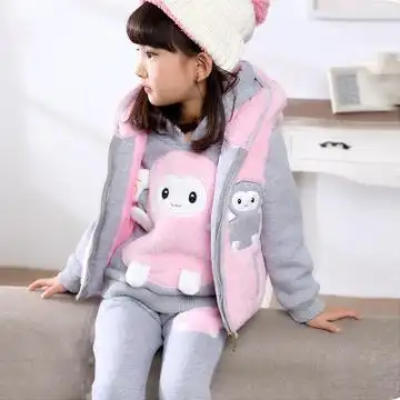 女童冬装三件套加绒加厚4-5岁卡通童装儿童卫衣套装 女孩运动套装