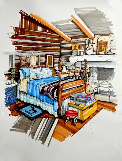 在网上找到一张室内照片,然后自己重新用马克笔