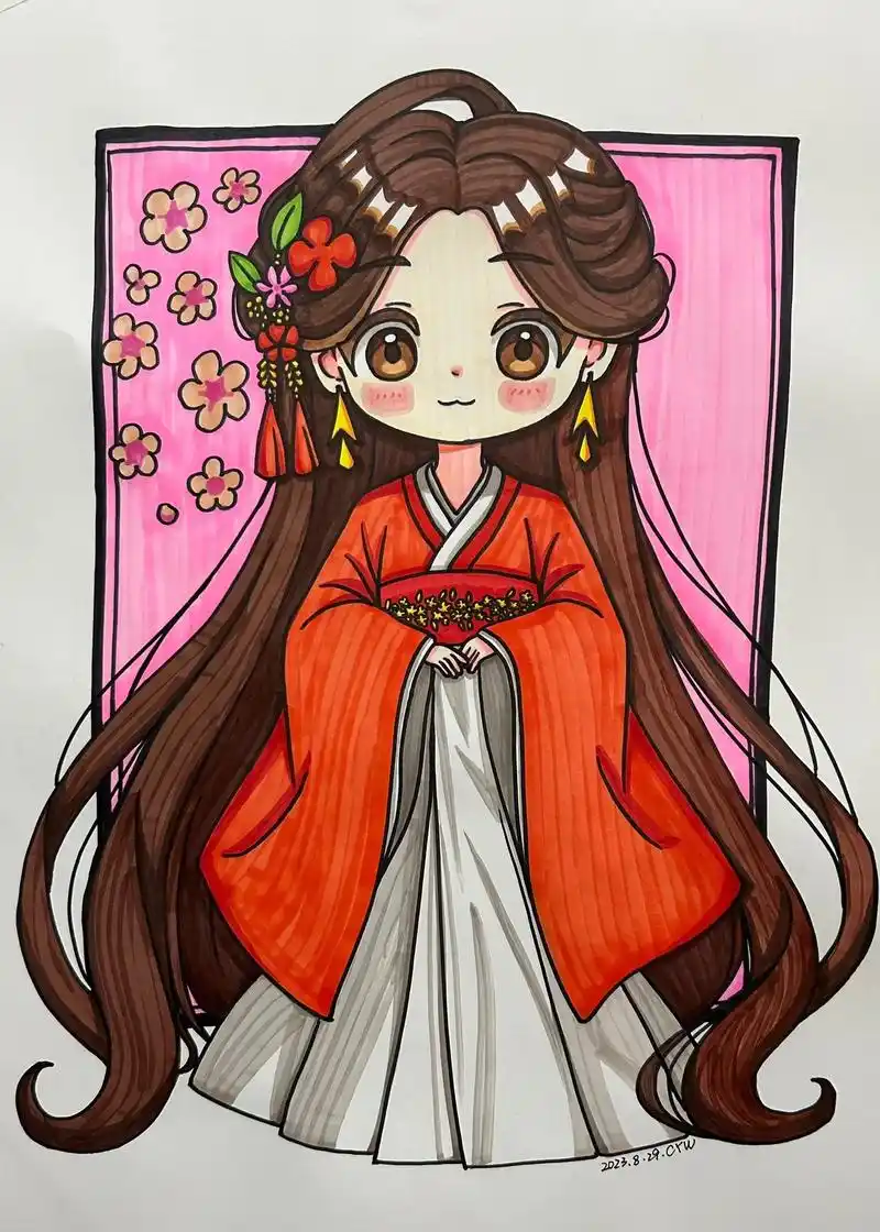 古风红裙.#一起学画画 #漫画女孩 #马克笔手绘 #q版人物 - 抖音