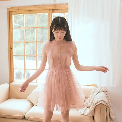 miss and mis甜美粉色仙美荷叶飞飞袖收腰网纱裙初恋少女连衣裙夏