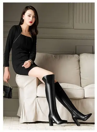 鲲戈靴子女过膝长靴高跟粗跟高筒长筒靴气质修腿过膝靴真皮女靴皮靴kg