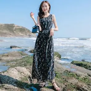 裙子女夏季背心长裙收腰黑色碎花沙滩裙海边度假2021年连衣裙新款