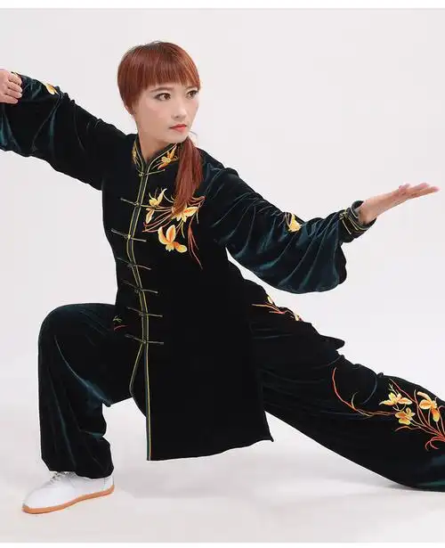 云太极陈家沟太极服冬款南韩绒加厚女太极服秋冬飘逸保暖运动装墨绿色