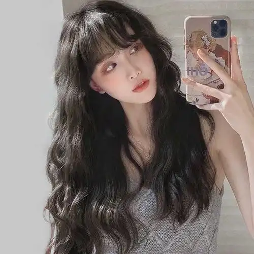 wnfd网红假发女长发羊毛卷大波浪空气刘海中长卷发玉米烫自然全头套式