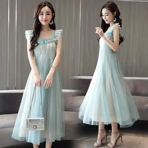 夏装女士新品女韩版网纱连衣裙夏款性感气质仙女修身中长款无袖裙