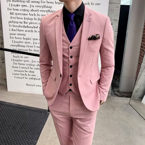正品韩版修身粉色男士西装三件套西服套装新郎婚礼服婚纱照加大码