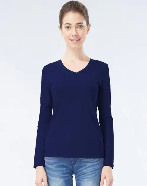 黛蓝色简约素色弹力棉v领修身长袖t恤