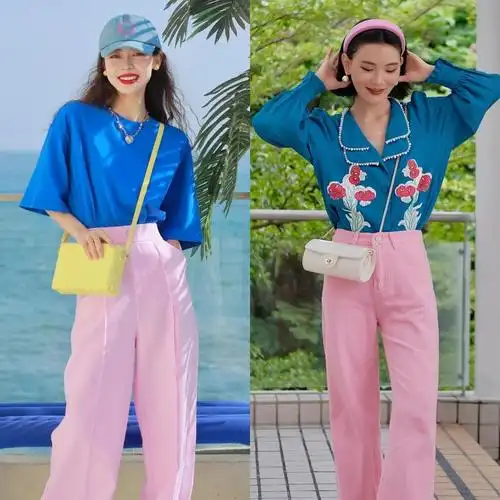 蓝色上衣与粉色裤子的搭配,也是一种高级颜色的色彩组合搭配,真是温婉