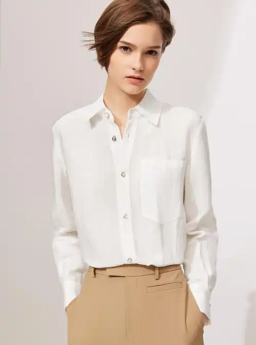 amii极简通勤帅气百搭翻领口袋亚麻白衬衫女2021秋季新款宽松上衣 米