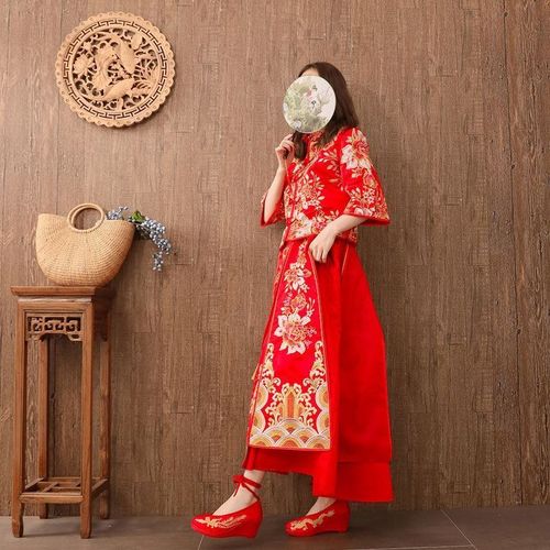 坡跟秀禾鞋红色婚鞋高跟女配秀禾服鞋子中式绣花布鞋上轿鞋新娘鞋