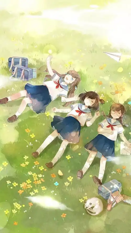 卡通插画三个女生文艺唯美手机壁纸聊天背景