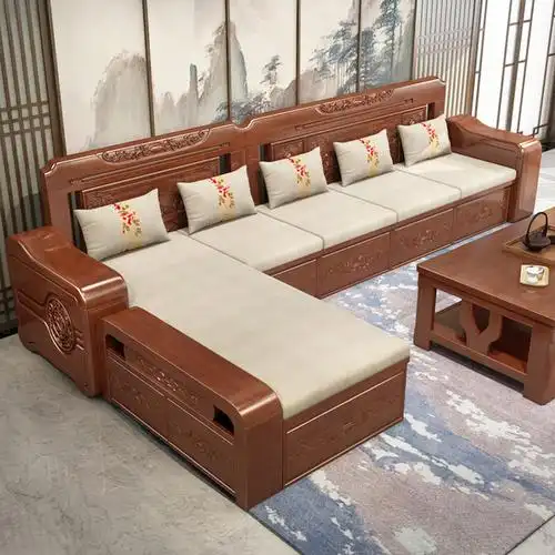 采百木(caibaimu)实木沙发组合冬夏两用高箱储物新中式贵妃转角客厅大