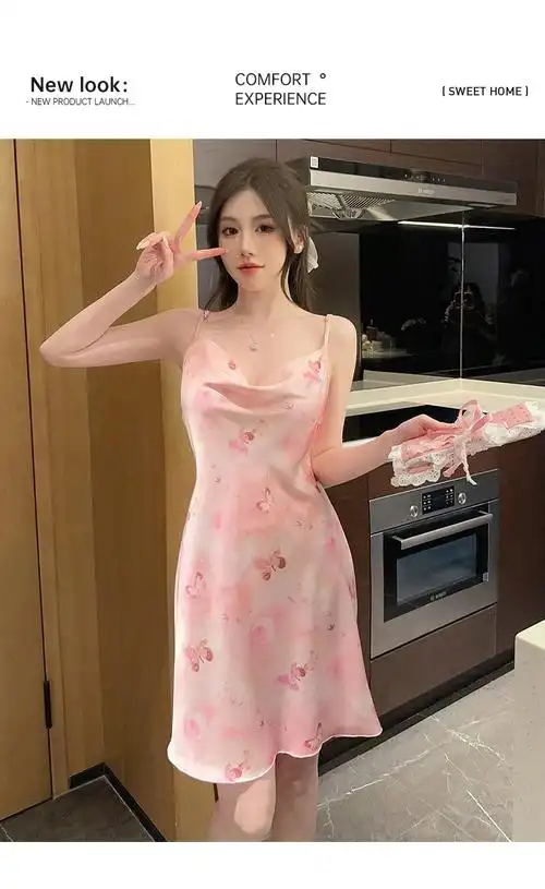 冰丝睡衣女夏季法式性感荡领吊带睡裙丝绸家居服2024新款纯欲风 - 17