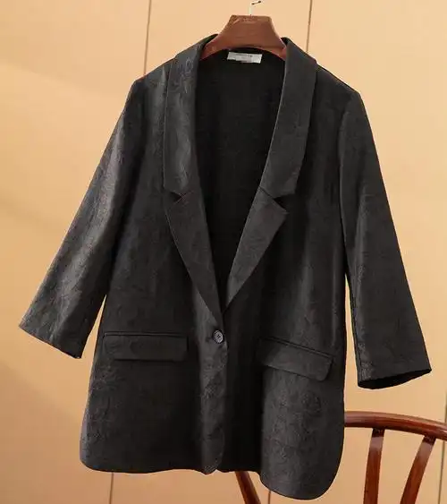 真丝香云纱提花一粒扣西装七分袖桑蚕丝外套女2022年新款