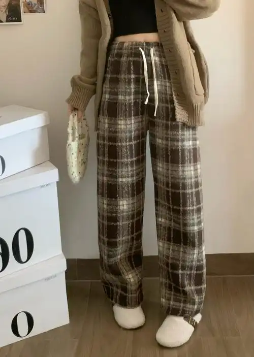 实拍实价 新款复古加厚毛呢格子口袋休闲直筒宽松遛弯阔腿裤 - 17网