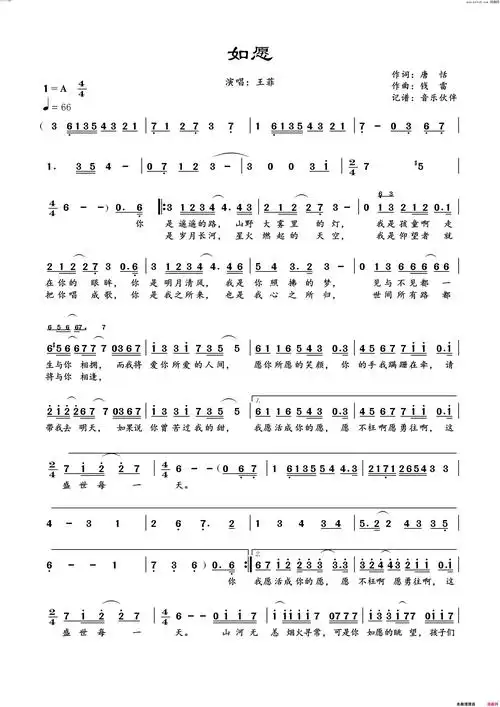 《如愿》简谱 唐恬作词 钱雷作曲 王菲演唱  第1页